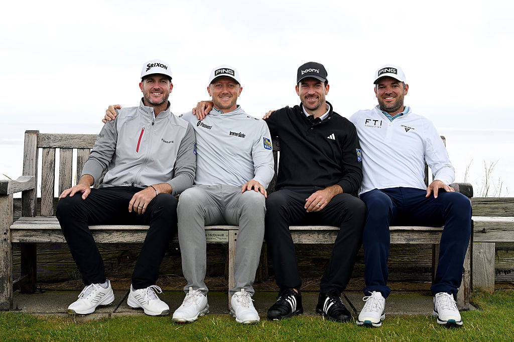 Taylor Pendrith of Canada, Mackenzie Hughes of Canada, Nick Taylor of Canada and Corey Conners of Canada pose for a photo on a bench prior to The 153rd Open